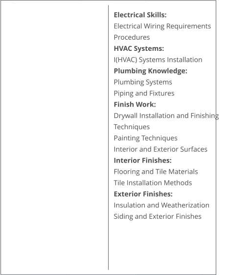 Electrical Skills: Electrical Wiring Requirements Procedures HVAC Systems: I(HVAC) Systems Installation Plumbing Knowledge: Plumbing Systems Piping and Fixtures Finish Work: Drywall Installation and Finishing Techniques Painting Techniques Interior and Exterior Surfaces Interior Finishes: Flooring and Tile Materials Tile Installation Methods Exterior Finishes: Insulation and Weatherization Siding and Exterior Finishes